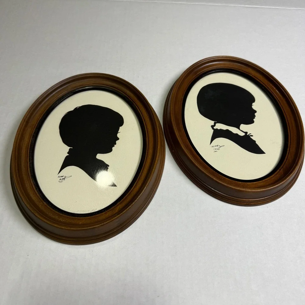 Vintage 1983 Signed Silhouette Portraits Boy and Girl Oval Wood Frames Pair